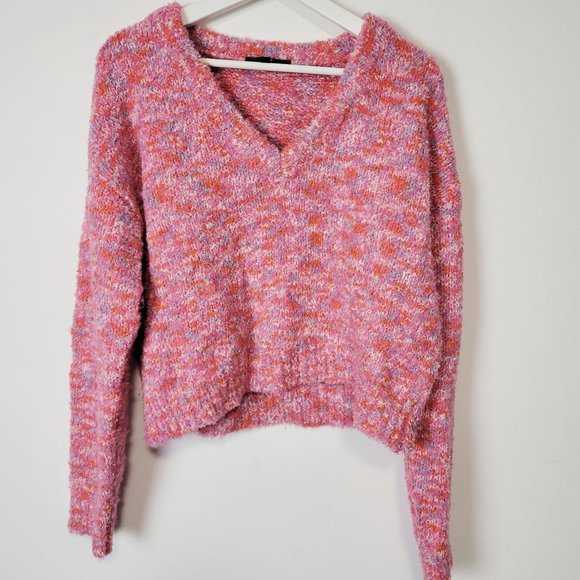 Lulu's Keepin' It Cuddly Pink Heather Multi V-Neck Sweater Size M - Picture 2 of 10